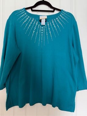 Alfred Dunner Teal Crewneck Top with Silver Stud Detailing